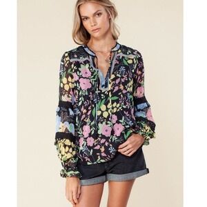 Hale Bob Michaela Top M Black/Multi Chiffon With Crochet Lace Details